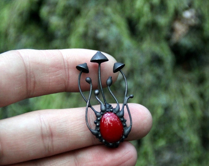 Magic mushrooms witch fairy black metal brooch with red glass, psylocybe fungi forest jewelry, unusual boho hippie design woodland gift.