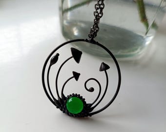 Bohemian Forest Pendant Necklace: Handmade Copper, Steel & Green Glass