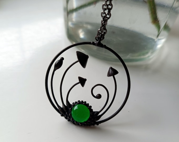 Bohemian mystical round forest pendant necklace, magical woodland jewelry, handmade magic mushrooms circle necklace, unusual nature gift.