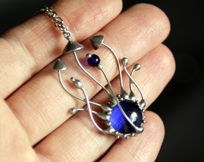 Stained glass forest style necklace magic mushrooms with blue glass, witch botanical necklace unique forest nature gift.
