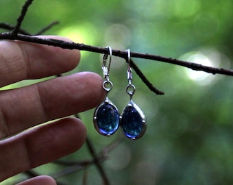 Stained Glass Earrings: Minimalist Blue Geometry, Boho Suncatcher Jewelry