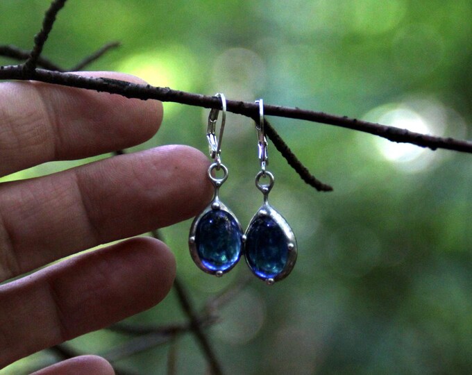Stained Glass Earrings: Minimalist Blue Geometry, Boho Suncatcher Jewelry