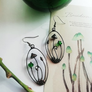 Mushroom Earrings, Handmade Copper Fungi Jewelry, Stained Glass