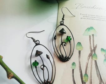 Mushroom Earrings, Handmade Copper Fungi Jewelry, Stained Glass