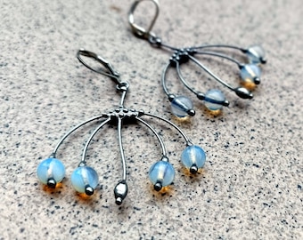Unusual boho hippie style stained glass forest tree branch silver metal earrings, aesthetic earrings naturecore botanical jewellery.