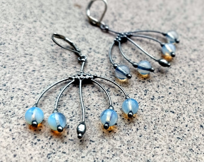 Unusual boho hippie style stained glass forest tree branch silver metal earrings, aesthetic earrings naturecore botanical jewellery.