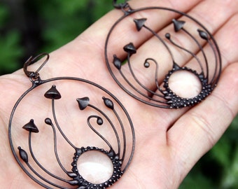 Magic mushrooms hoop earrings with clear glass, magic mushrooms rings earrings, psychedelic hoop earrings, witch earrings, psytrance, hippie