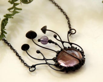 Woodland Mushroom Necklace: Amethyst Stone, Stained Glass Witchcraft Jewelry