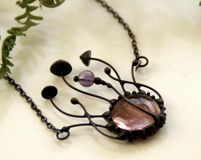 Woodland Mushroom Necklace: Amethyst Stone, Stained Glass Witchcraft Jewelry