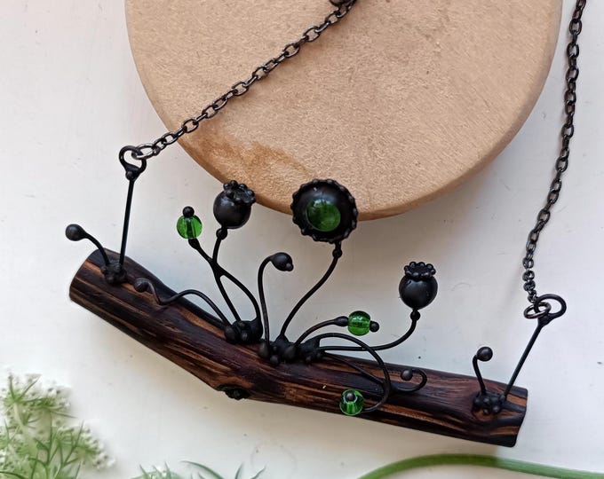 Inspired by wild nature handmade metal poppy with green flower oak wood necklace, unique coattagecore mystical bohemian jewelry.