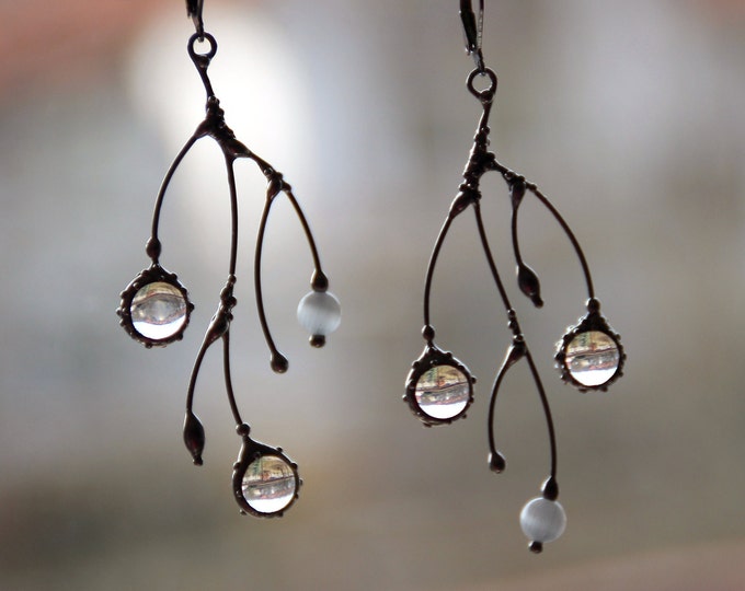 Tree branch asymmetrical earrings, asymmetrical jewelry silver metal branch earrings with clear glass, witch earrings, asymmetrical boho