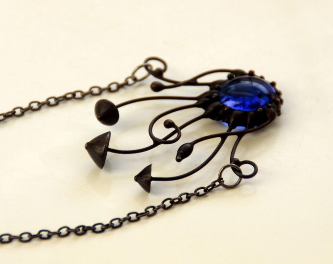 Magic mushrooms mystical forest necklace pendant with blue glass, inspired by nature stained glass fungi small pendant, forest witch jewelry