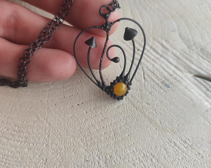 Yellow Glass Mushroom Heart Necklace, Blackened Copper and Pewter Botanical Pendant, Forest Wearable Art