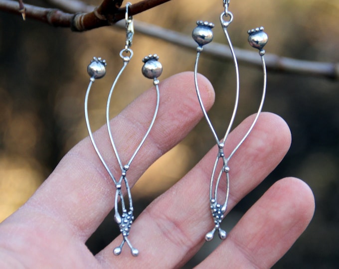 Metal flower poppy hippie forest witch earrings silver color, unsual boho jewelry, magic fairy earrings, copper poppy jewelry
