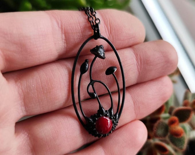 Red Glass Amanita Mushroom Pendant Necklace, Blackened Copper and Pewter Forest Wearable Art