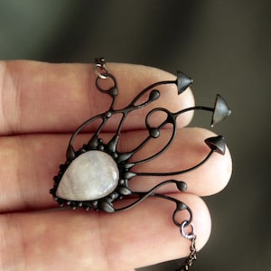 Mystical forest witch necklace magic mushrooms pendant with white moonstone floral botanical fungi jewelry, unique cottagecore gift.