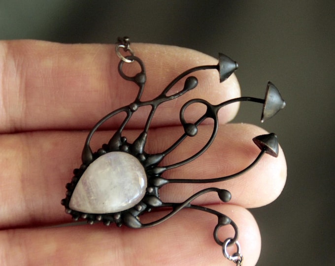 Mystical forest witch necklace magic mushrooms pendant with white moonstone floral botanical fungi jewelry, unique cottagecore gift.
