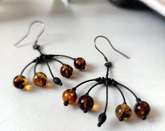 Handcrafted Flower Branch Earrings: Black Copper, Pewter, Steel, Silver & Amber