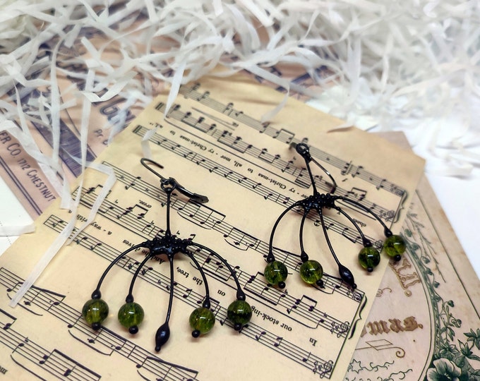 Green Glass Berry Earrings, Blackened Copper Botanical Dangles, Boho Forest Wearable Art