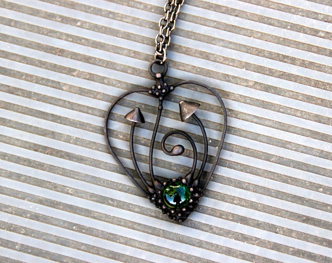 Handmade metal magic mushroom psylocibin fungi necklace pendant with green glass, psychedelic style mushroom jewelry, forest witch pendant