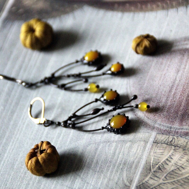Unusual boho hippie asymmetric forest tree branch earrings with yellow stained glass. Size about 6/3 cm (2.36*1.18 in). Color: black/yellow.