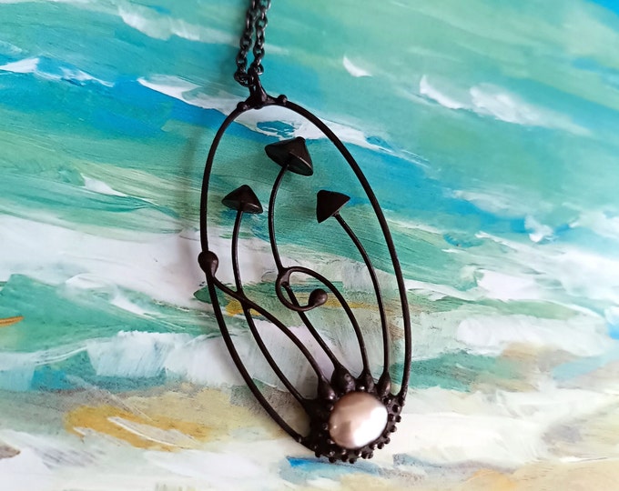 Wild nature psychedelic design handcrafted metal magic mushrooms necklace with pearl, inspired by forest fungi unusual botanical jewelry.
