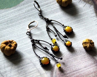 Unusual boho hippie asymmetric forest tree branch earrings with yellow stained glass, aesthetic floral botanical jewelry witch earrings.