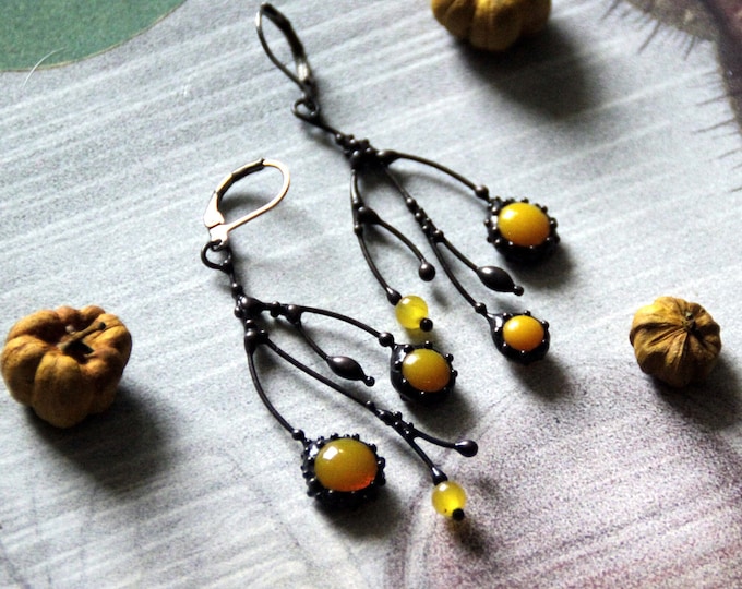 Unusual boho hippie asymmetric forest tree branch earrings with yellow stained glass, aesthetic floral botanical jewelry witch earrings.