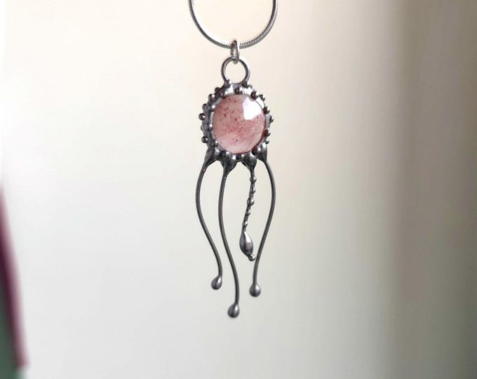 Pink Quartz Jellyfish Pendant Necklace, Silver Tone Copper and Pewter Ocean Wearable Art