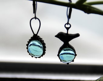 Asymmetrical stained glass earrings black metal bird inspired by wild forest nature, art nouveau boho earrings, aesthetic forest jewellery.
