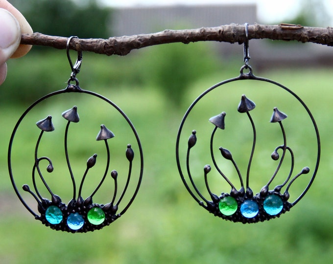 Stained Glass Mushroom Hoop Earrings: Boho Fungi Jewelry