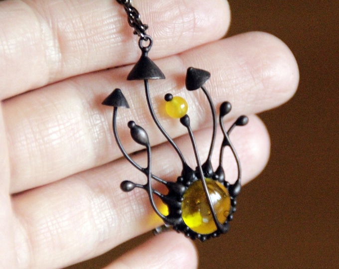 Forest pendant stained glass magic mushrooms with yellow glass, botanical witch necklace unique forest nature gift.