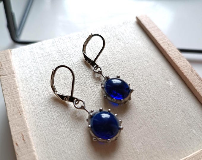 Round Blue Stained Glass Drop Earrings, Silver Tone Minimalist Wearable Art
