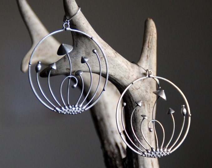 Boho style forest botanical hoops earrings, stained glass mushrooms hoops earrings, inspired by nature unusual gift, psychedelic clothes.