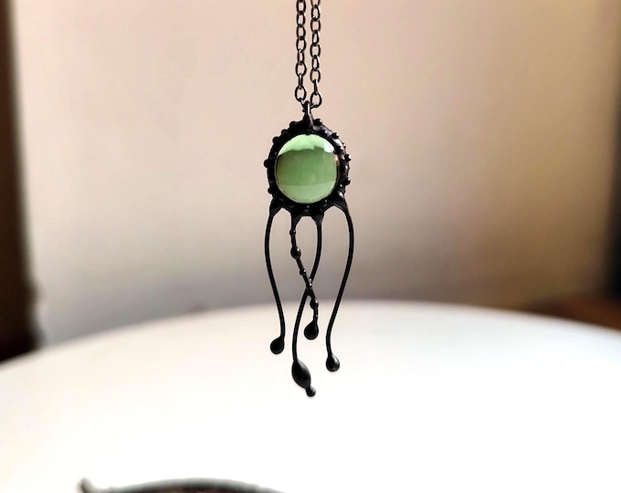 Green Glass Jellyfish Necklace, Handcrafted Ocean Pendant in Copper and Pewter