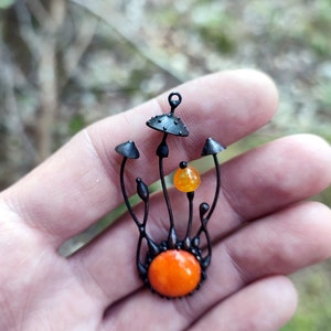 Forest fungi amanita magic mushrooms boho hippie style pendant with orange glass, witchy jewelry necklace, unusual botanical nature pendant
