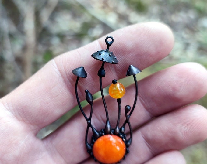 Amanita Mushroom Pendant: Boho Witchy Necklace with Orange Glass