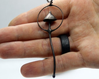 Boho forest style pendant big mushroom, unuque botanical necklace gift for him, inspired by nature metal fungi pendant for her.