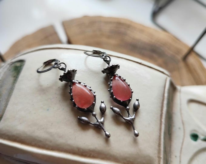 Watermelon Agate Flower Earrings, Silver Tone Copper and Pewter Botanical Wearable Art
