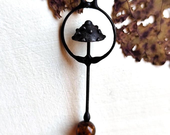 Small Mushroom Amanita Necklace, Copper Forest Pendant with Amber