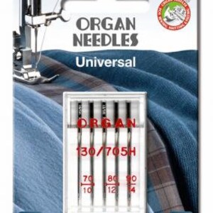 Könnte beinhalten: Eine Packung mit fünf Organ-Nadeln für Nähmaschinen. Die Nadeln sind in der Größe 130/705H und universell einsetzbar. Die Packung enthält die Größen 70, 80 und 90.