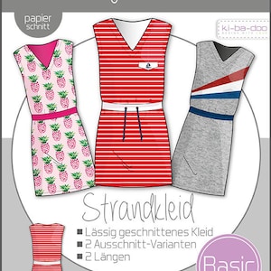 Könnte beinhalten: Ein Schnittmuster für ein ärmelloses Kleid mit drei verschiedenen Designoptionen. Das Schnittmuster ist für Mädchen in den Größen 80-164 cm. Der Text auf dem Schnittmuster lautet "Strandkleid".