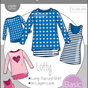 Könnte beinhalten: Ein Schnittmuster für ein mehrlagiges Oberteil und ein Shirt für Mädchen. Das Schnittmuster beinhaltet ein langärmliges Shirt mit Herzprint, ein kurzärmeliges Shirt mit Herzprint und ein gestreiftes Tanktop. Das Schnittmuster ist mit "Lotty" beschriftet und ist für Mädchen in den Größen 80-164 cm.