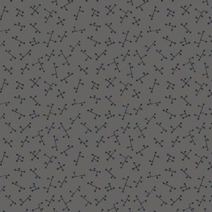 Könnte beinhalten: Ein nahtloses Muster mit einem sich wiederholenden Design aus kleinen, stilisierten, dunkelblauen abstrakten Formen auf grauem Hintergrund.