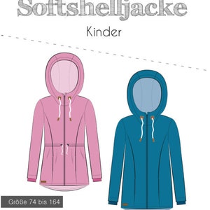 Könnte beinhalten: Ein Schnittmuster für eine Softshelljacke für Kinder. Das Schnittmuster beinhaltet eine Anleitung und eine Vorlage für die Größen 74 bis 164 cm. Das Bild zeigt zwei Jacken, eine rosa und eine blaue.