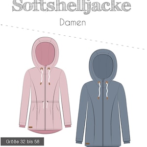 Könnte beinhalten: Ein Schnittmuster für eine Softshelljacke, mit zwei Illustrationen der Jacke in rosa und blau. Das Schnittmuster ist für die Größen 32 bis 58.