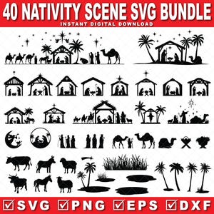 40 Scena Narodzenia SVG Bundle, Dekoracja Świąteczna Wektor Clipart Sylwetka Natychmiastowe Pobieranie Cyfrowe Gotowe Do Wydrukowania Pliki Cięcia PNG