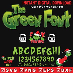 El paquete de fuentes verdes de Navidad OTF SVG, PNG, EPS, DXF, Grinch, Navidad, vacaciones, alfabeto, vector, clipart, Cricut, Silhouette Studio, descarga digital