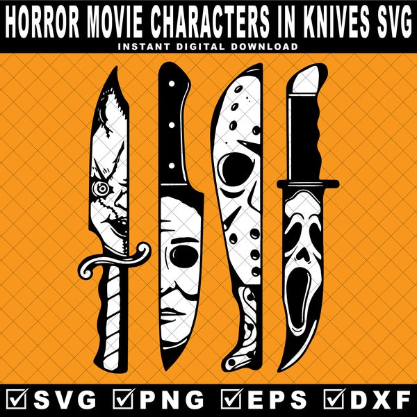 Horror movie characters in knives SVG, Michael Myers Svg, Jason Voorhees SVG, Friday 13th Svg, Scream Svg, Chucky, Halloween Decor SVG