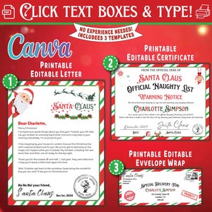 Kit de cartas personalizadas de Canva Premium para Papá Noel, paquete de correo oficial del Polo Norte, certificado de lista de buenos amigos + carta de Nochebuena, DESCARGA INMEDIATA